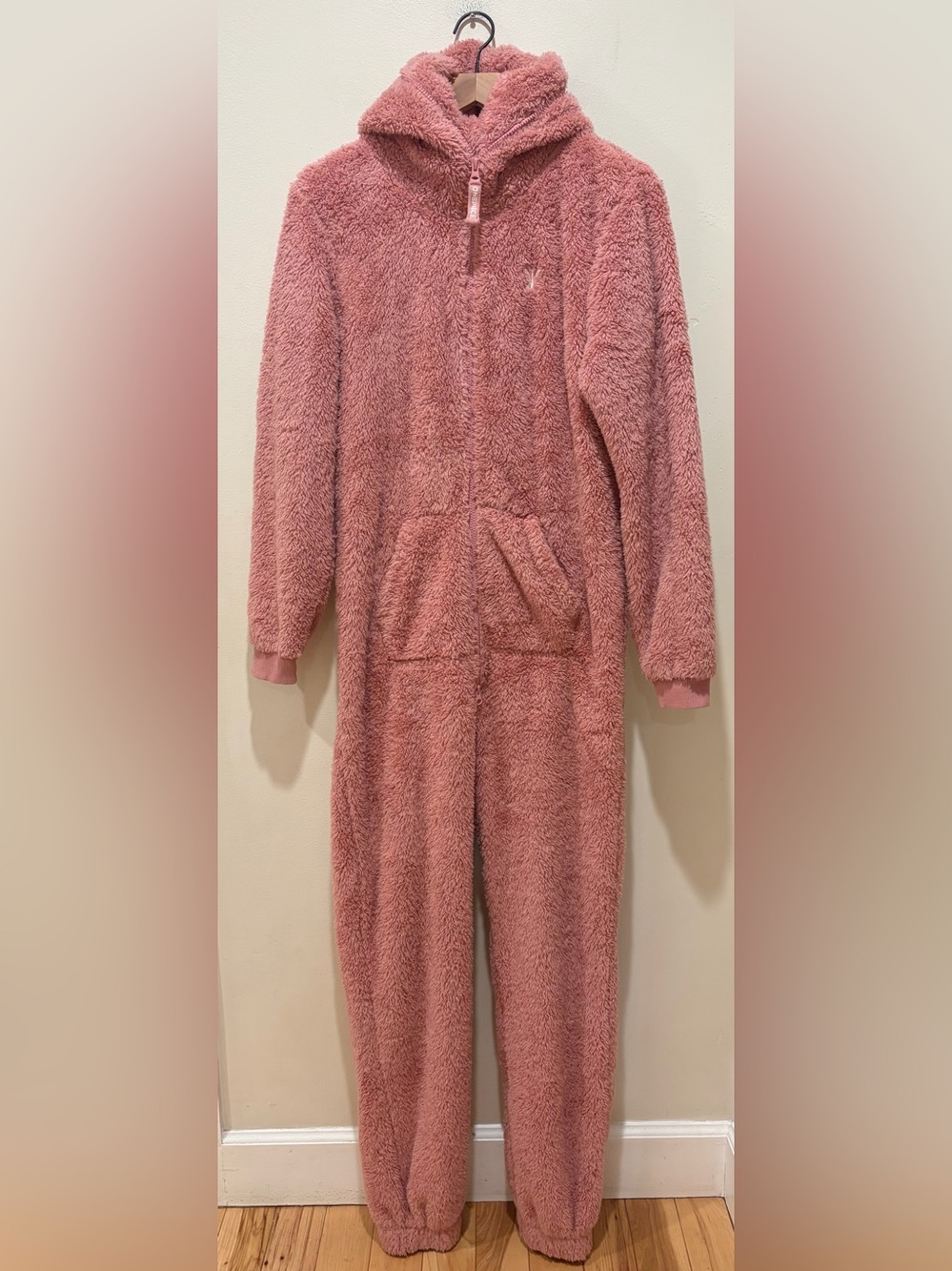 OnePiece Light Pink Puppy Fuzzy One Piece Pants Jumpsuit Full Zip Hoodie - Small